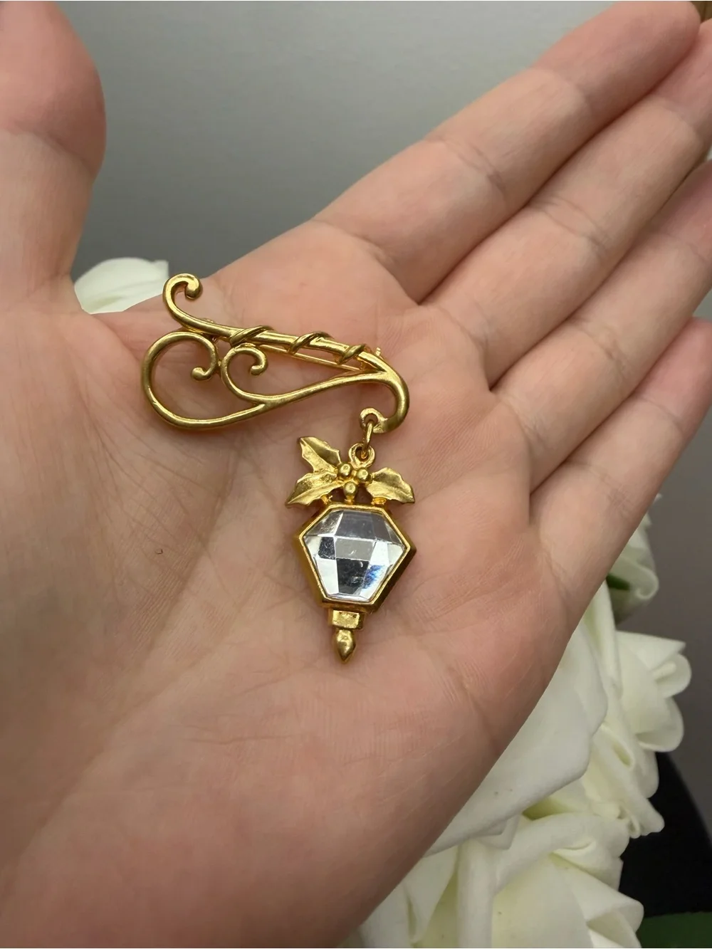 Vintage Gold-Tone Holiday Crystal Drop Brooch - Clear Crystal